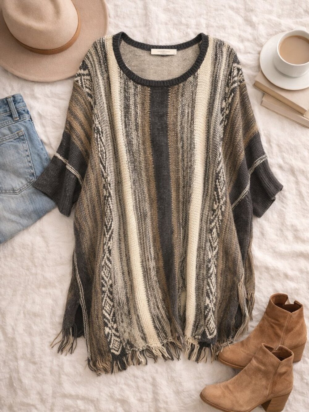 Women's Striped Fringe Knit Sweater Tunic - Charcoal, Cream & Brown